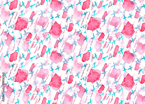 Seamless pattern with pink and turquoise blue abstract crosses and stains painted in watercolor on white isolated background