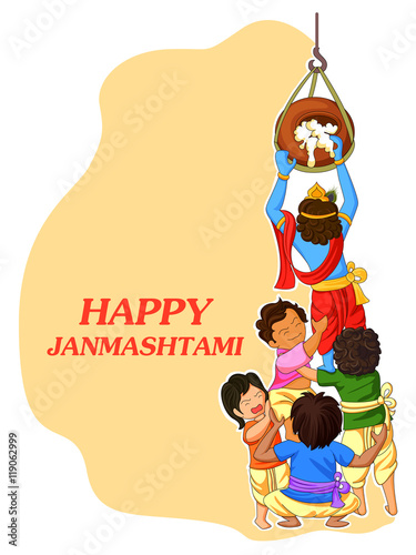 Krishna with friends playing dahi handi in Janmashtami