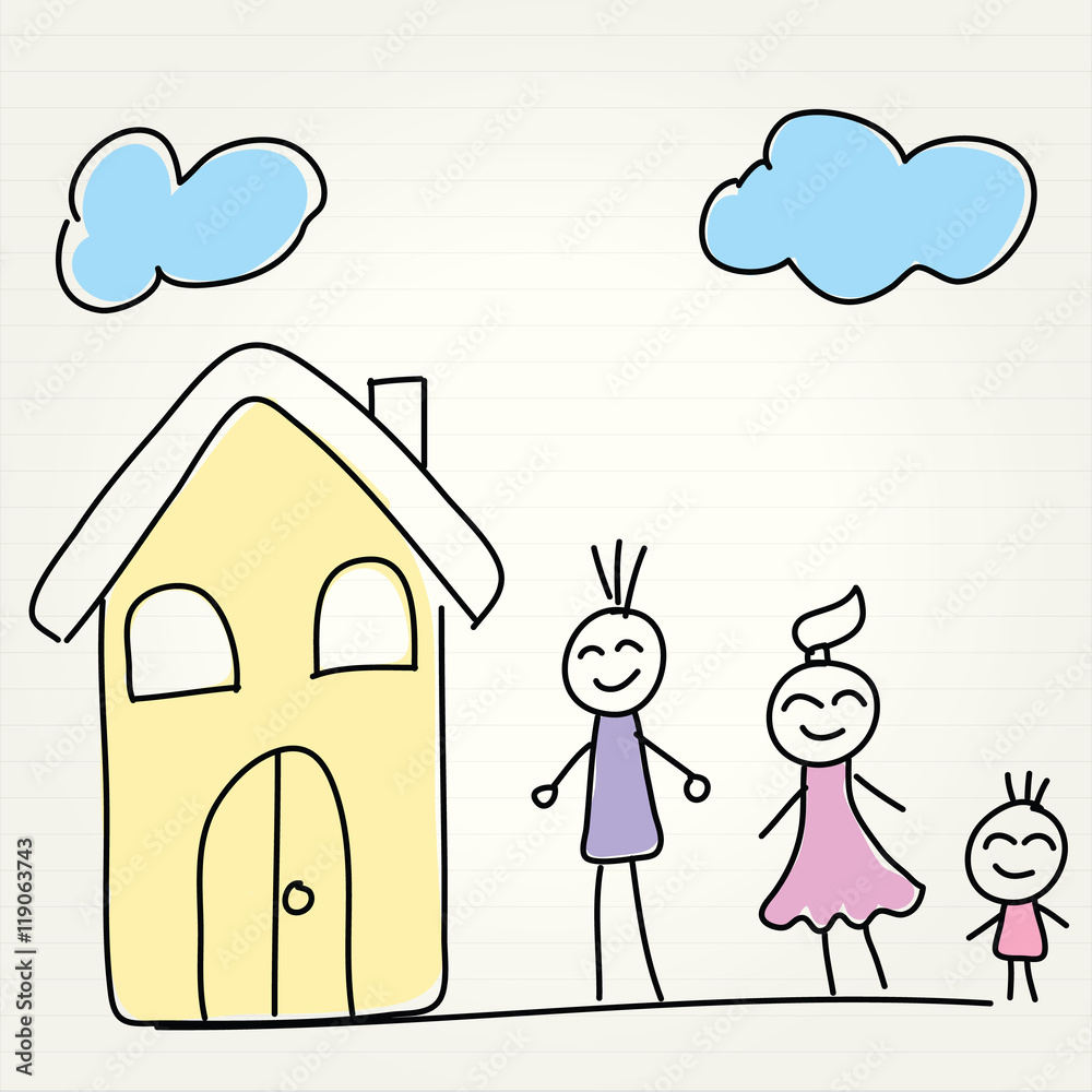 Hand Drawing of house and children Hand Drawing of house and children