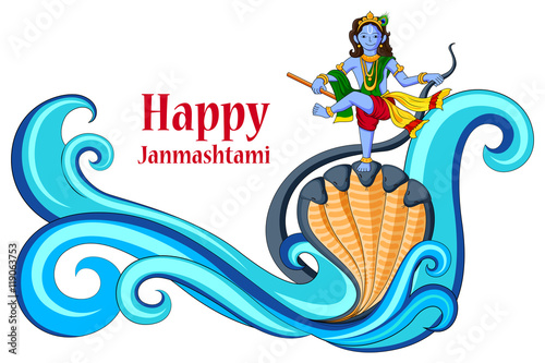 Krishna dancing on Kaliya naag snake on Happy Janmashtami background