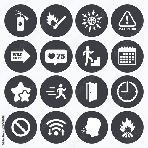 Fire safety, emergency icons. Extinguisher sign.