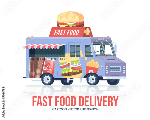 Fast food truck. Vector fast food wagon. Delivery service. Street cuisine. Flat illustration.