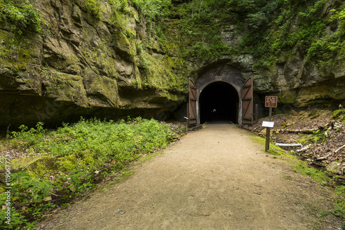 Fototapeta Naklejka Na Ścianę i Meble -  Bike Trail Tunnel / A bike trail passing through a former railroad tunnel.
