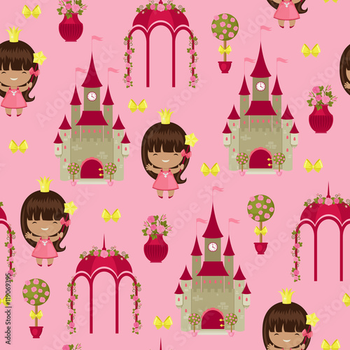 Royal garden with princess and castle seamless pattern