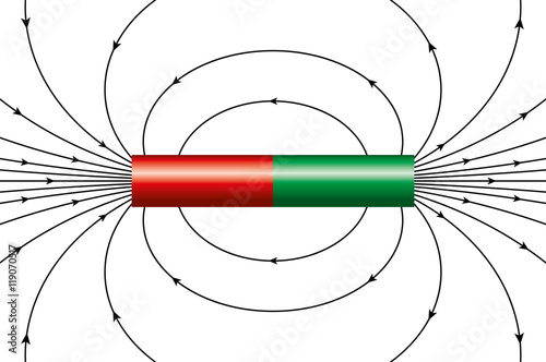 Magnetic field of an ideal cylindrical magnet, represented by magnetic field lines. The arrows are showing the direction of the field around the bar magnet at different points. Illustration over white