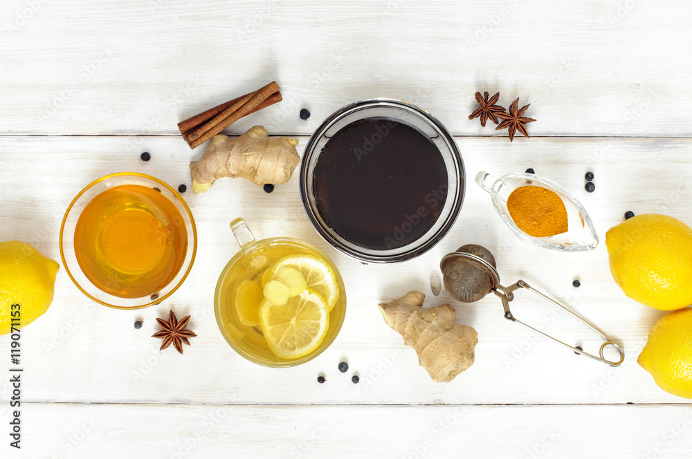 Cup of ginger tea with lemon and honey