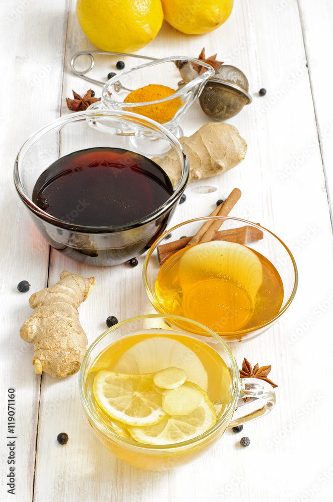 Cup of ginger tea with lemon and honey