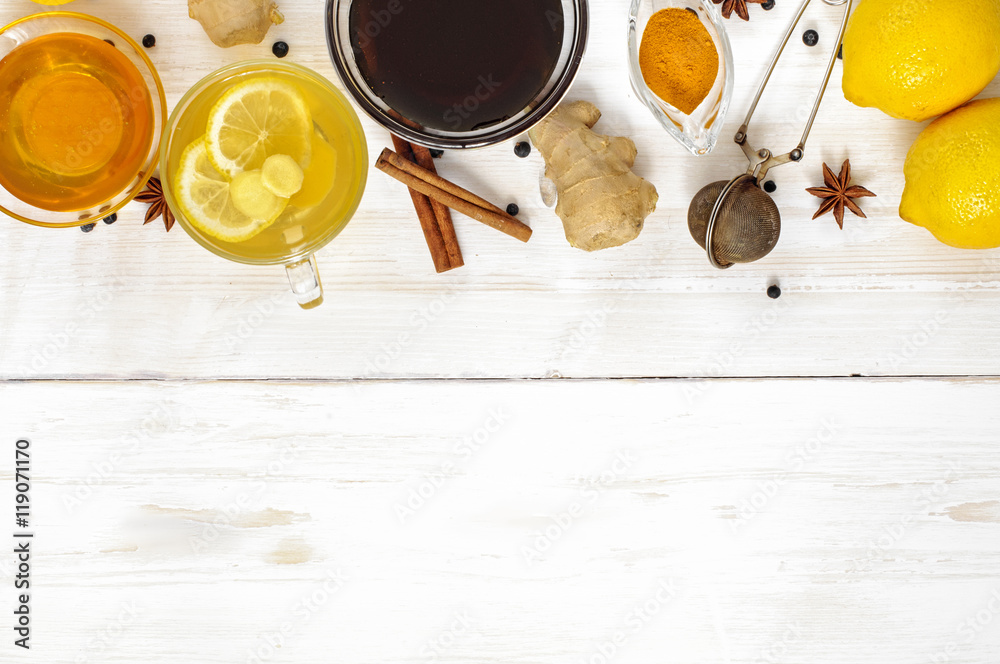 Cup of ginger tea with lemon and honey