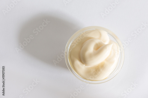top view on mayonnaise, on a white background with shadow