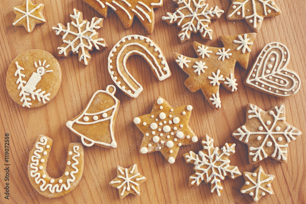 Homemade christmas cookies on wooden table. Toned Homemade christmas cookies on wooden table. Toned