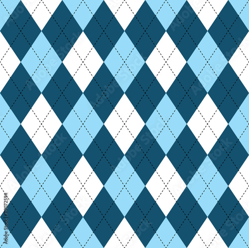 Seamless argyle pattern in dark blue, soft blue & white with black stitch.  photo