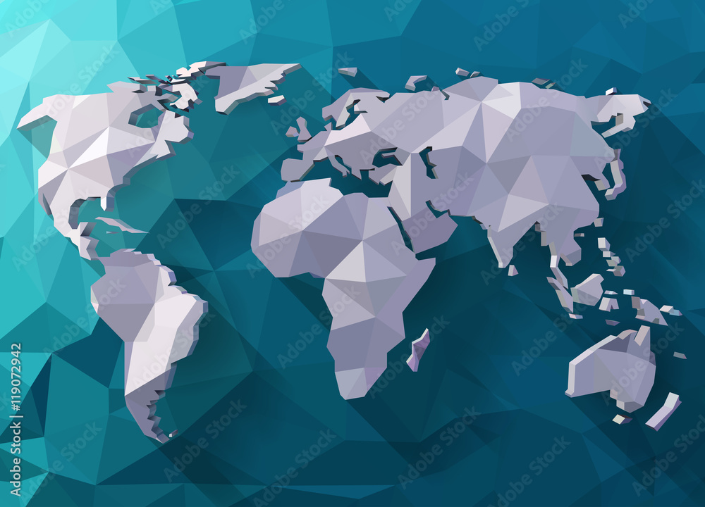 Vector world map in polygonal style. Low poly design. Origami planet illustration.