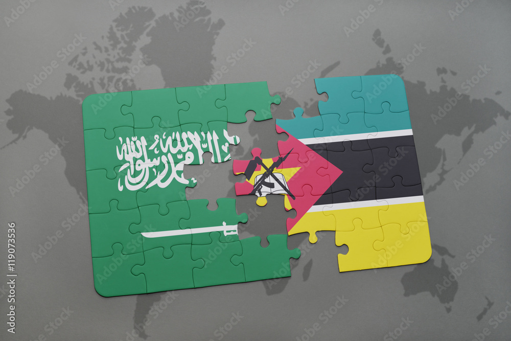 puzzle with the national flag of saudi arabia and mozambique on a world map background.