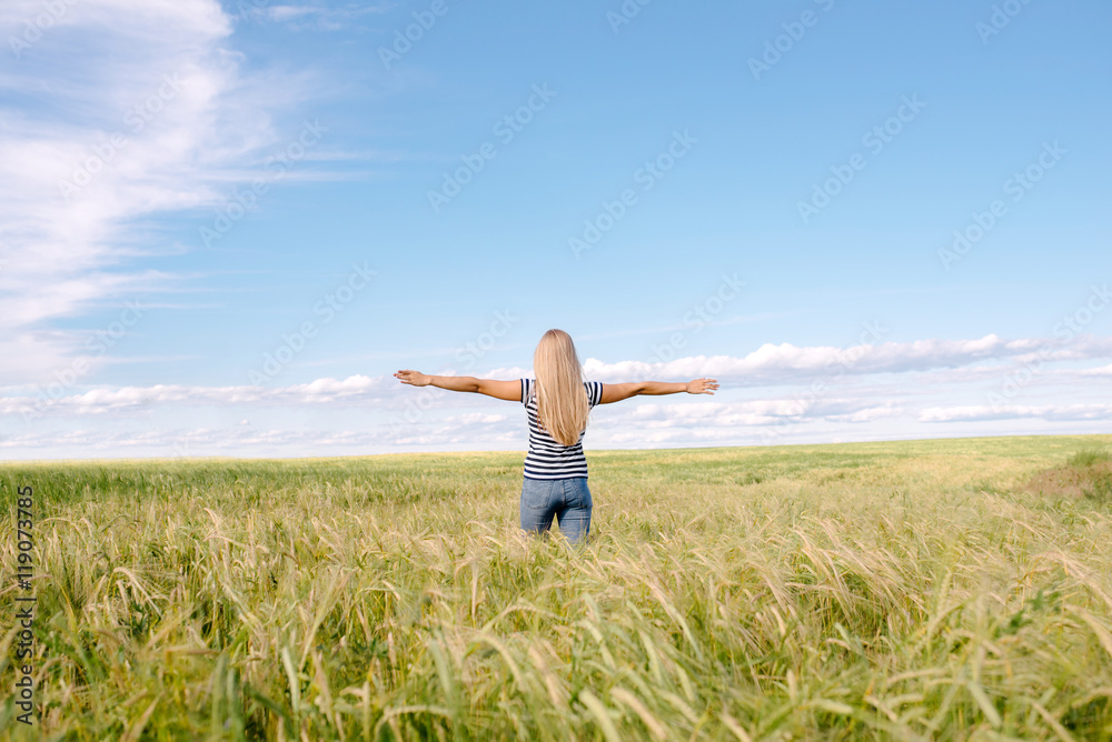 The happy person walks outdoors The happy person walks outdoors
