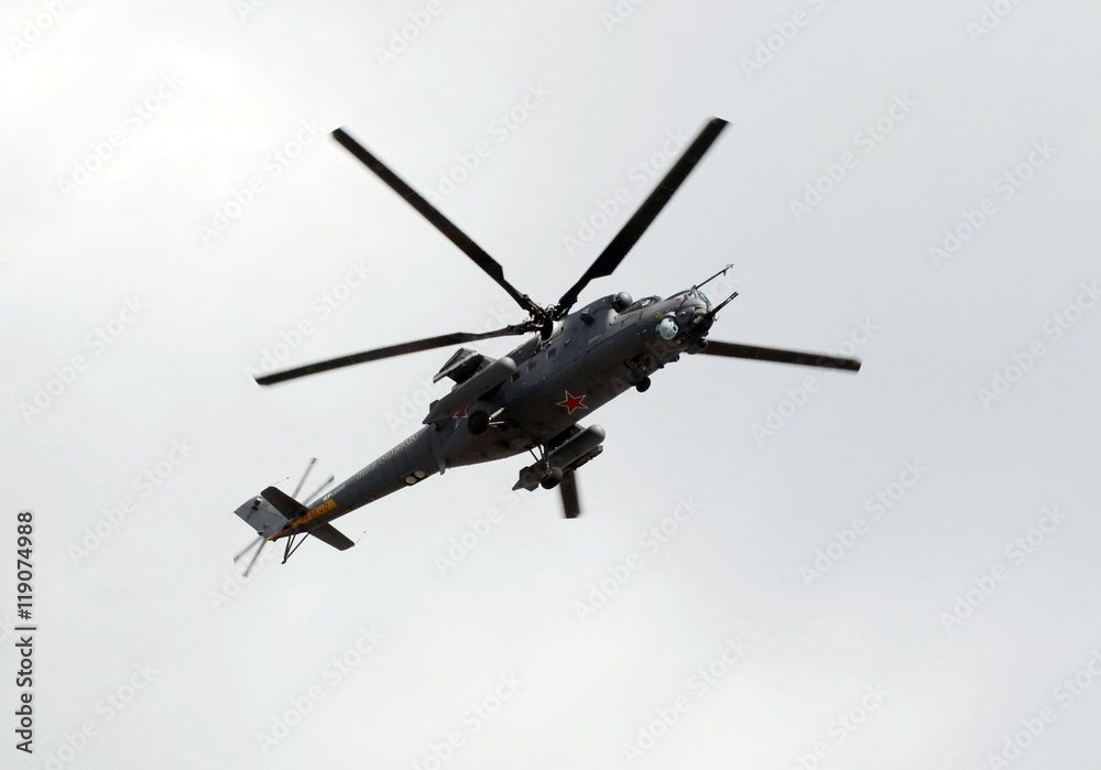 Combat helicopter Mi-35 in rehearsal for the Victory Parade. Combat helicopter Mi-35 in rehearsal for the Victory Parade.