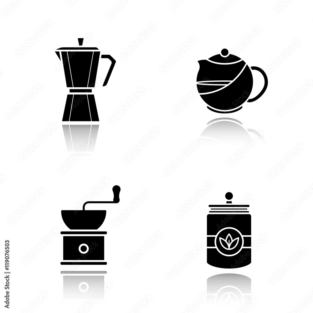 Tea and coffee drop shadow black icons set Tea and coffee drop shadow black icons set