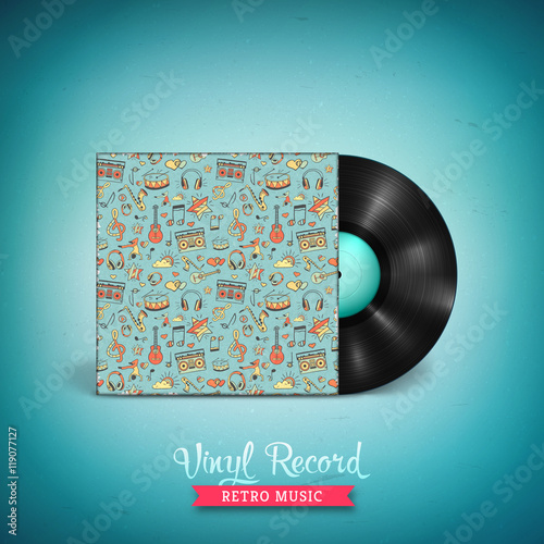 Realistic long-playing LP vinyl record with cover mockup