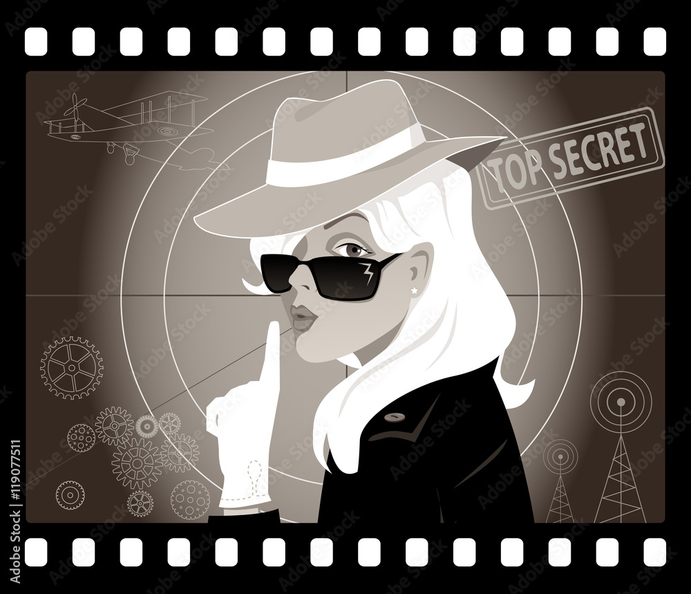 Naklejka premium Mystery woman in an old movie frame, vector illustration, no transparencies, EPS 8