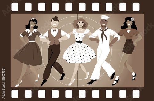 A chorus line of male and female performers dressed in vintage fashion dancing a routine in an old movie frame, EPS 8 vector illustration