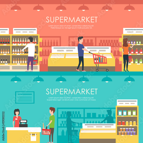People in supermarket. Vector flat illustration. Grocery store