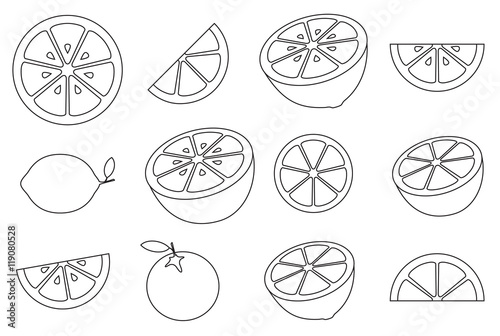 Collection of citrus slices - orange, lemon, lime and grapefruit, icons set, black isolated on white background, vector illustration.