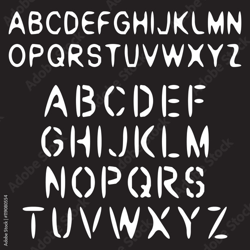 Latin alphabet letters, white isolated on black background, vector illustration.