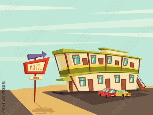 Motel in the desert. Old signboard. Vector cartoon illustration