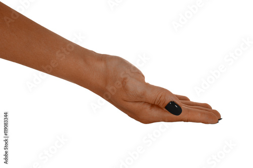 Palm up holding something, beautiful woman's skin, black manicure. Isolated on white background
