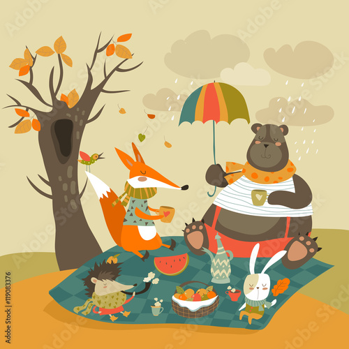 Animals at picnic in autumnal forest