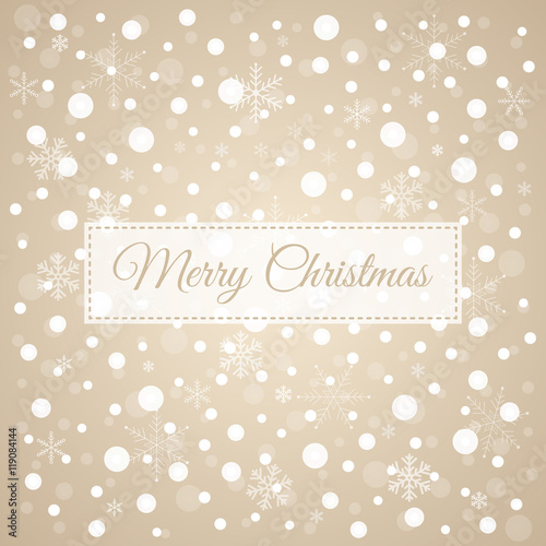 Merry Christmas light brown background with white snowflakes congratulation card