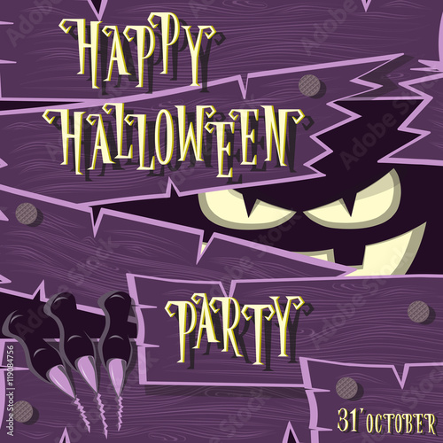 Halloween banner: monster with scary face broken wooden wall from boards and looks out of the darkness. Vector illustration in cartoon style. Concept design poster, flyer or ticket on holiday party.