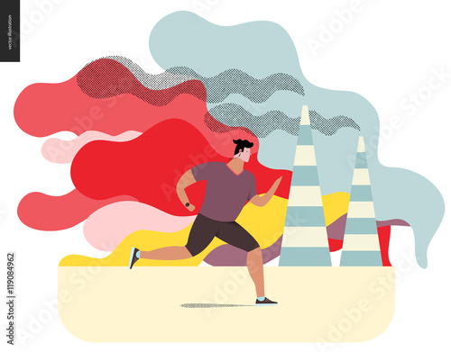 Young man running in smog, gas-polluted air. Flat vector cartoon illustration of a young sportsman running along the urban street, with a lot of smoke and industrial pipes smoking on the background.