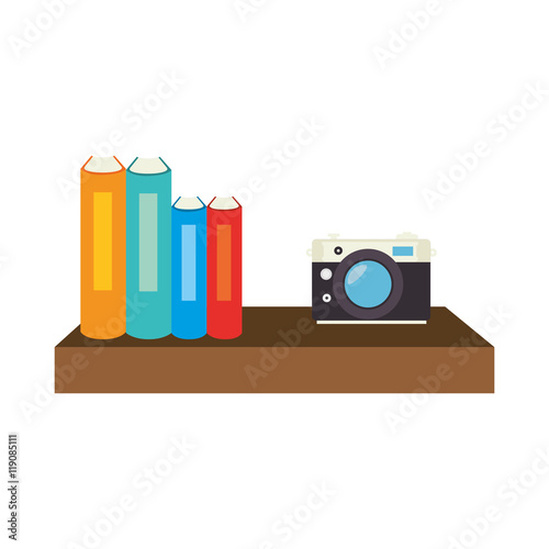 book shelf with books and camera decoration furniture elements vector illustration