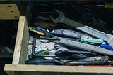 Close-up of working iron tools on metal background