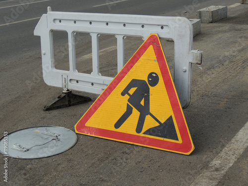 traffic sign repair work on the road