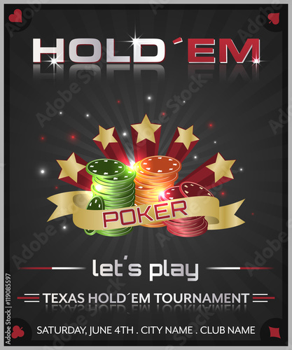 Poker tournament dark background with poker chips and stars.