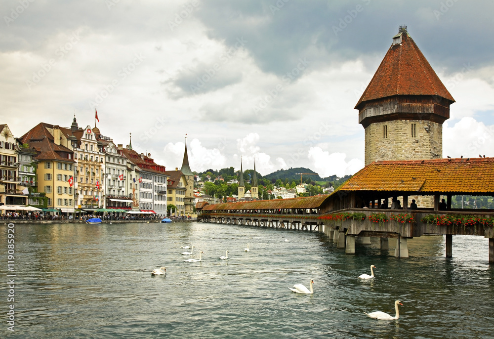 Kapellbrucke - Chapel Bridge over Reussin in Lucerne. Switzerland