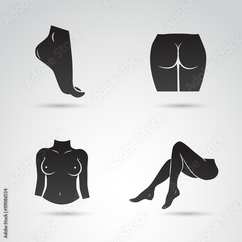 Foot, leg, butt, breast and legs vector icons.