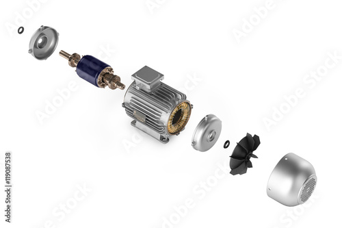 Electric motor in detail on white background 3d