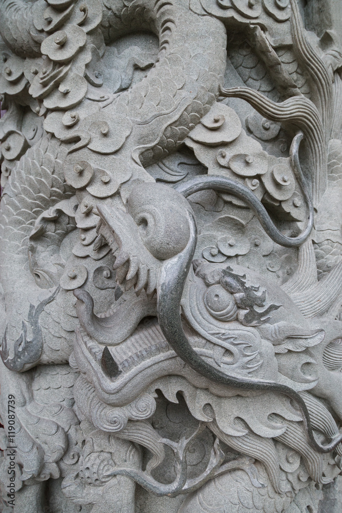 Close-up of a decorated stone column at the Po Lin Monastery on Lantau Island in Hong Kong, China.