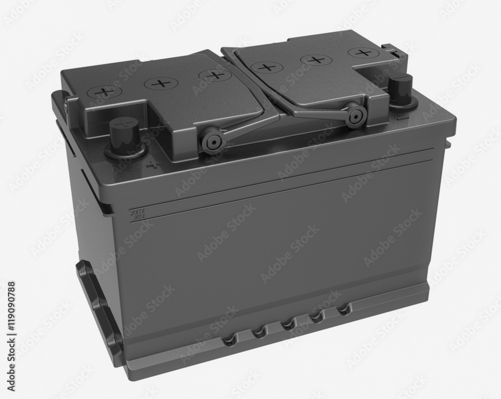 3D black car/truck battery with black caps and handle on white 3D black car/truck battery with black caps and handle on white