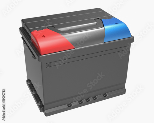 3D black car battery with blue and red caps and handle on white