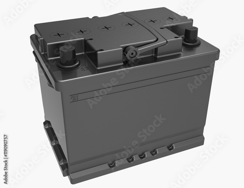 3D black car/truck battery with black caps and handle on white