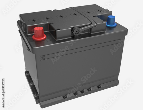 3D black car/truck battery with red and blue caps and handle on white