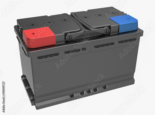 3D black truck battery with blue and red caps with handles on white