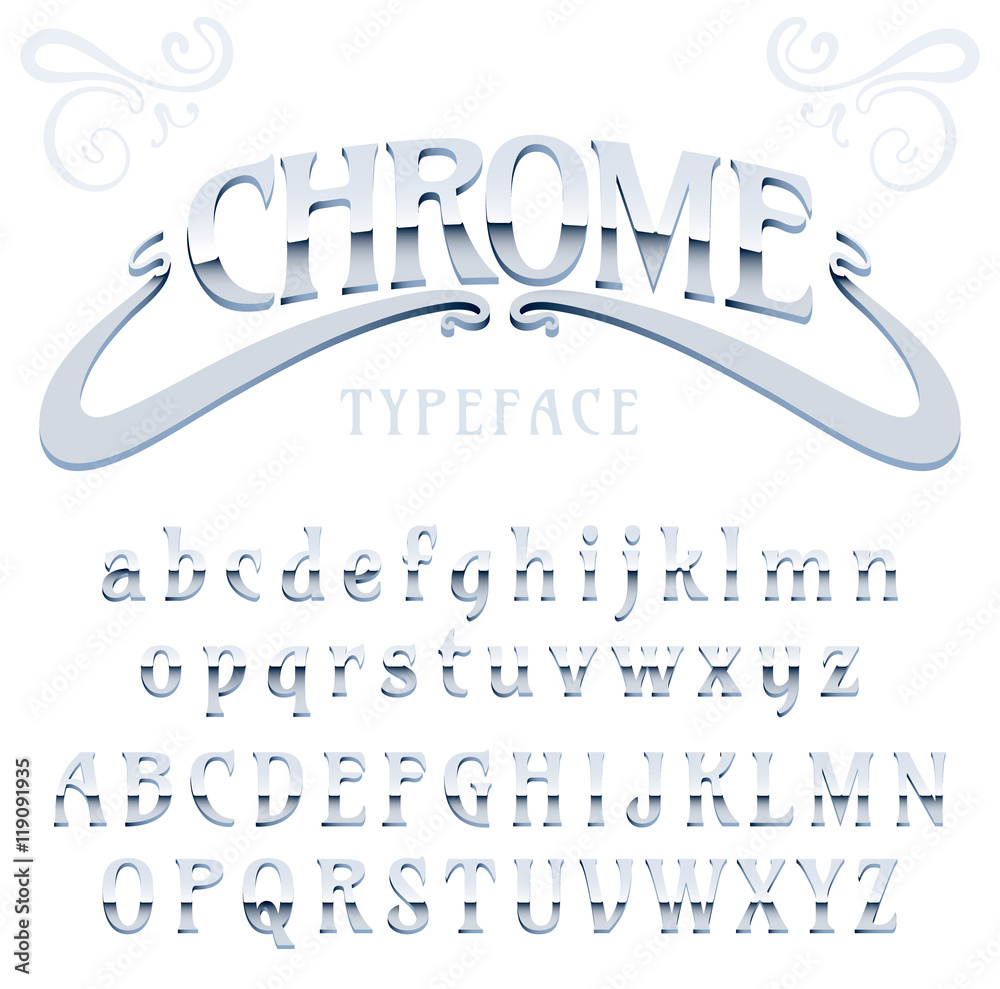 Chrome / fine label font made of metal, metallic art-nouveau, isolated on white / chrome font / Silver typeface