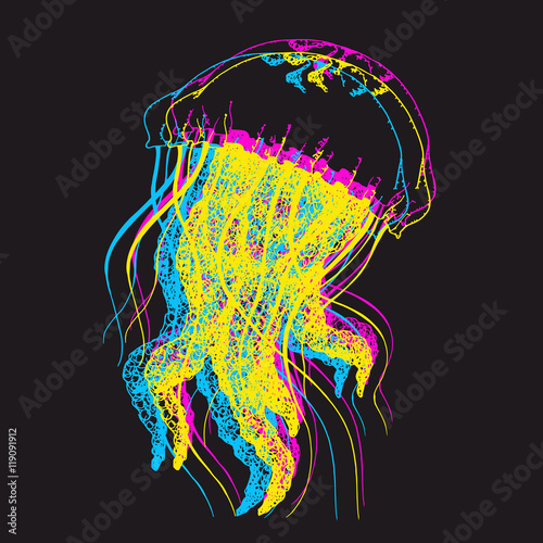 Vector jellyfish hand drawn cmyk concept illustration. Beautiful medusa with tentacles sketch - marine animal swimming in the ocean