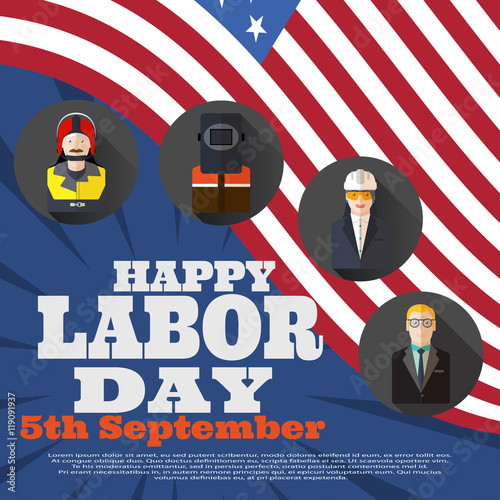 Vector poster of Happy Labor Day with different professions on the background with avatars, rays and flag.