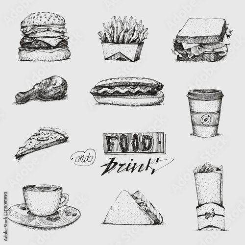 Hand drawn street food / fast food / burger, sandwich, chicken, coffee,pizza, taco, tea, roll, hot dog, french fries.