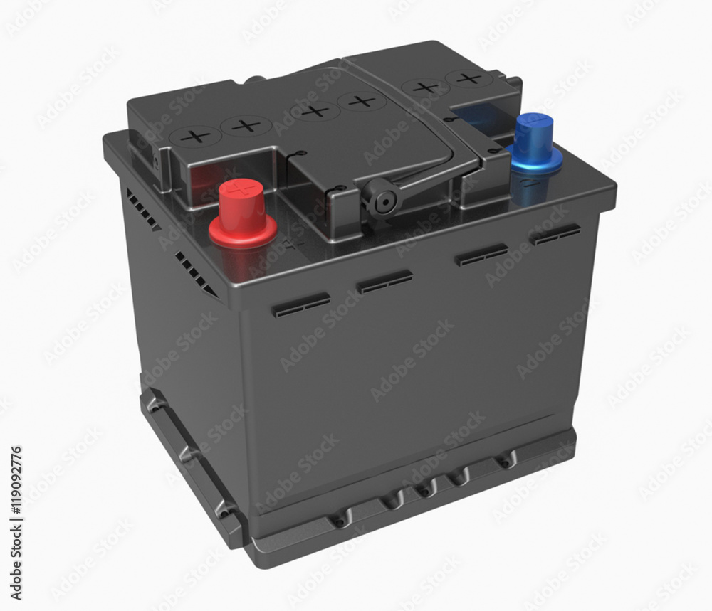 3D black car battery with red and blue caps with handle on white 3D black car battery with red and blue caps with handle on white